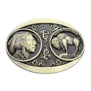 Men Antique Gold Metal Fashion Buckle Native Buffalo Bull 5 Cents Coin Indian